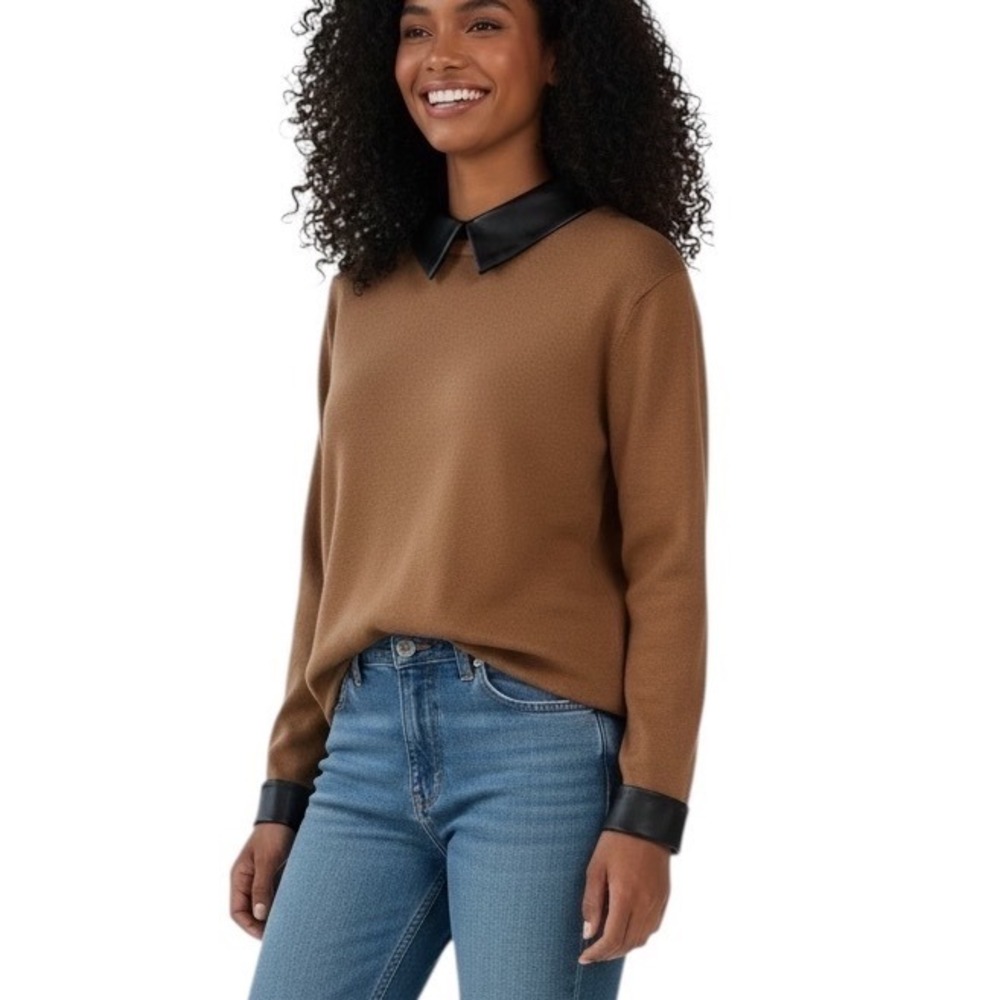 La Vila Milano Women Camel Knit‎ Sweater Faux Leather Minimalist Chic Size M